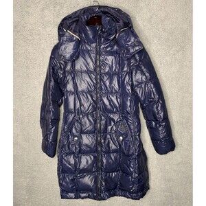 Burberry Brit Down Puffer Quilted Jacket Women Small Navy Coat with Zip Off Hood